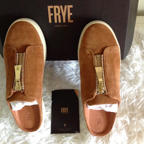 Frye Lena Zip Tan Suede Mules - Picture 2 of 12